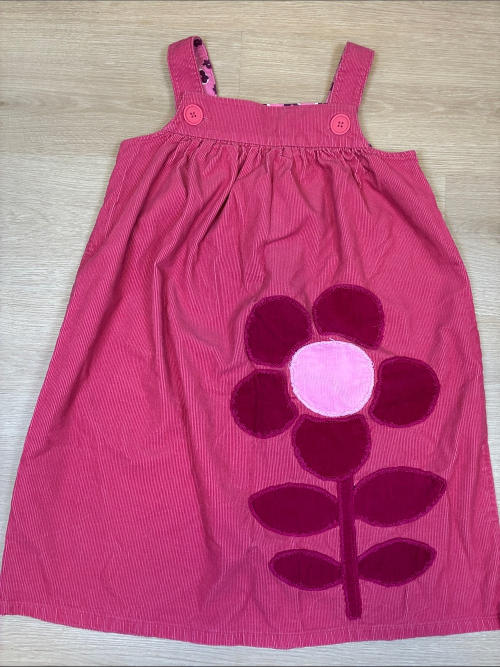 Mini Boden Pink Corduroy Dress with Flower Appliqué